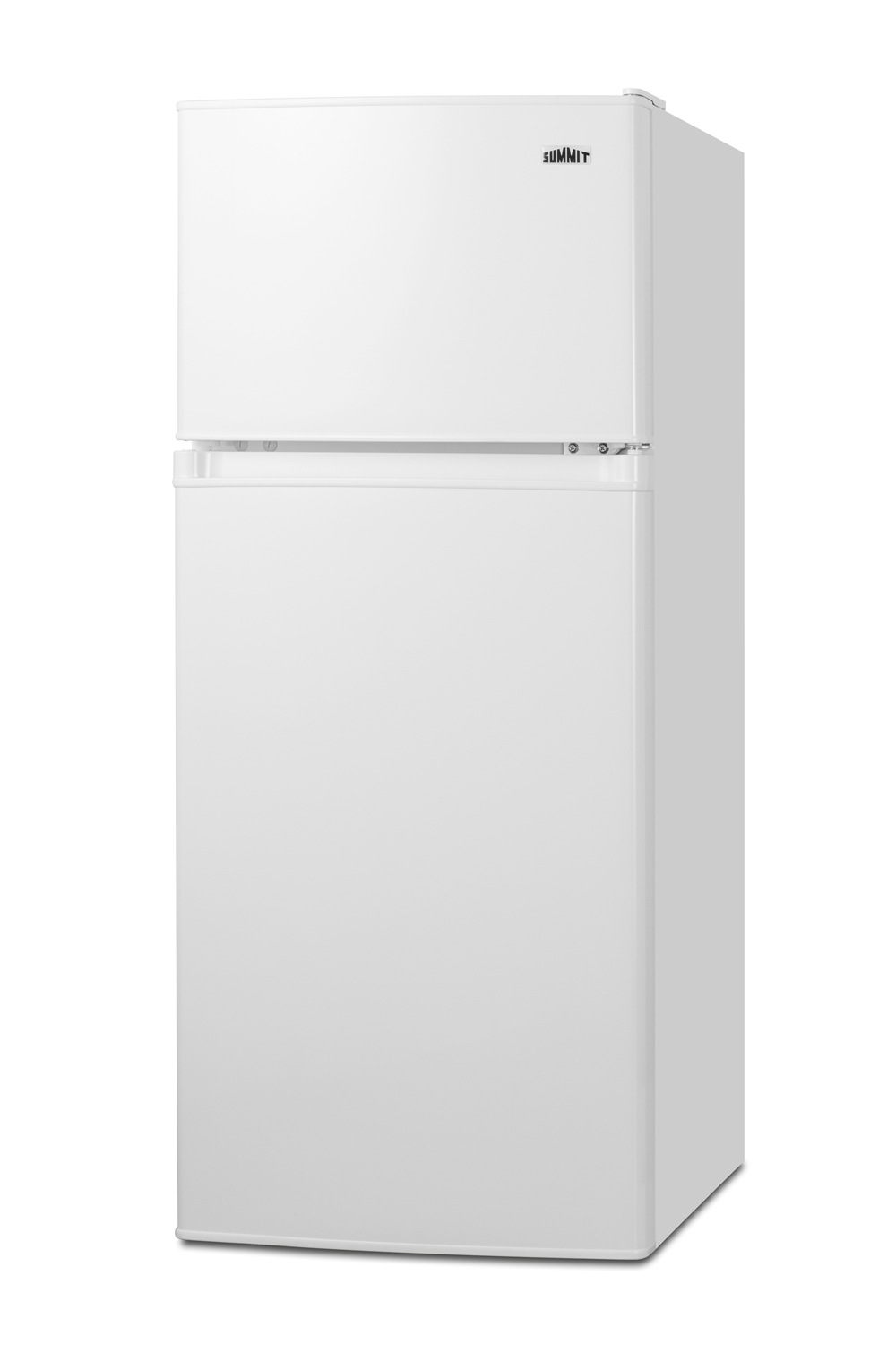 Two-door ENERGY STAR certified refrigerator-freezer in an ADA compliant height with all-white design, user-reversible doors, manual defrost, and dial thermostat